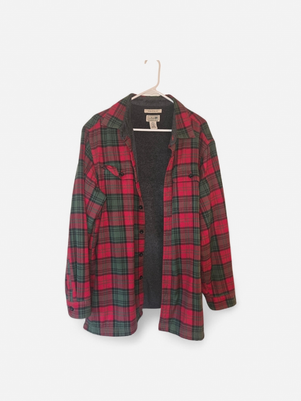 L.L. Bean Men's Red and Green Plaid Flannel Shirt Jacket LARGE